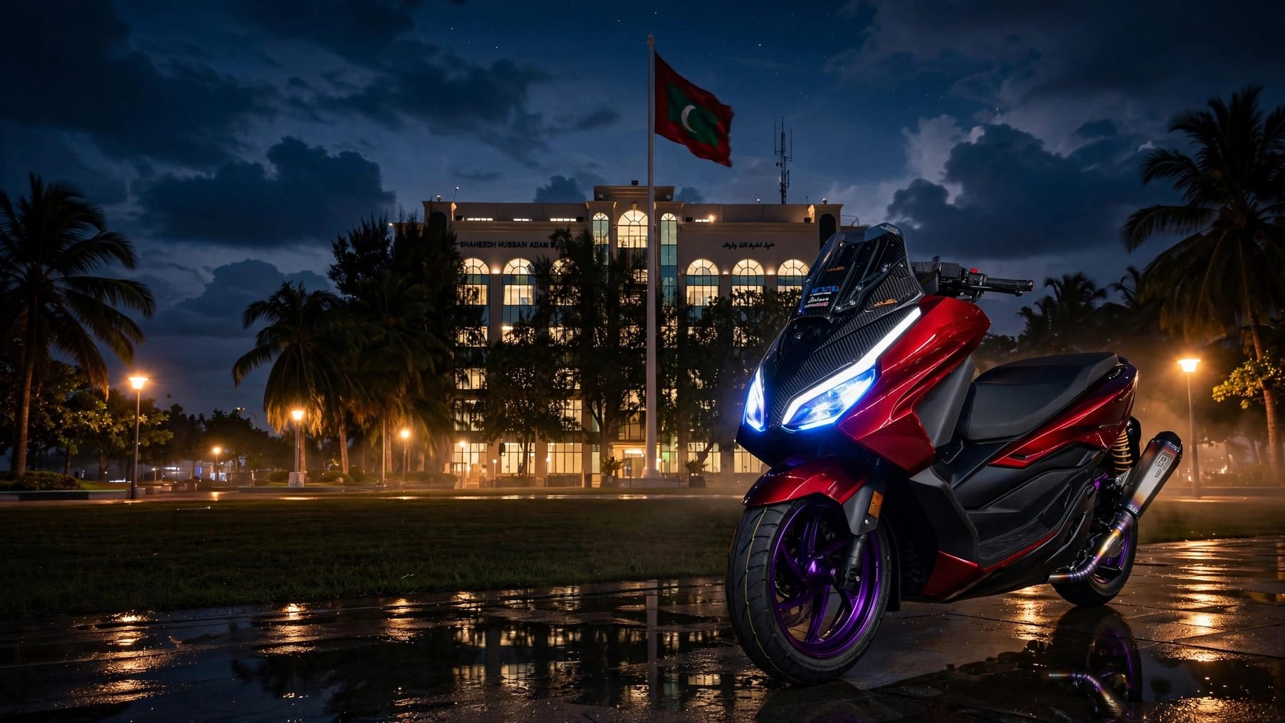 Motorcycle parked in Malé, Maldives at night