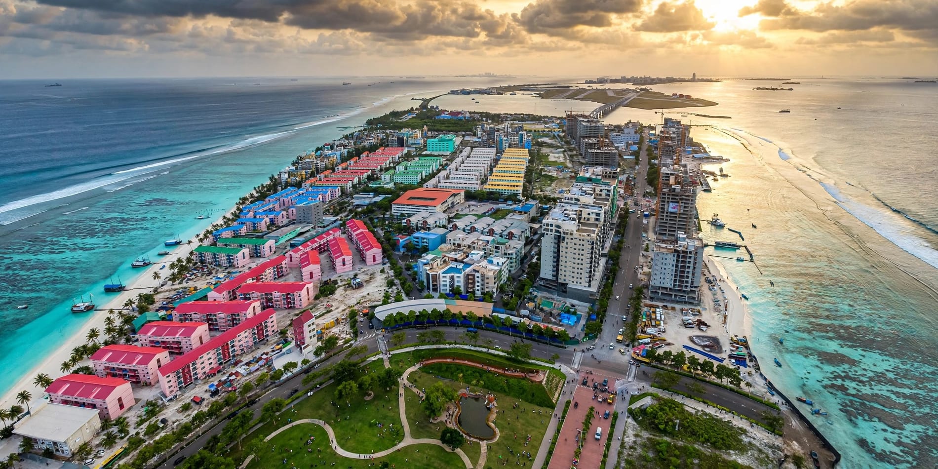 Aerial view of Malé, Maldives at sunset